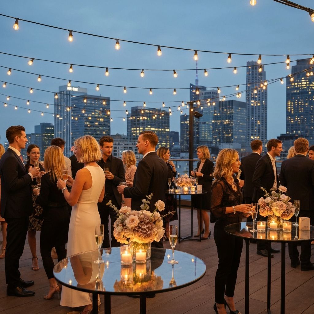 Luxury cocktail reception at a rooftop venue at dusk